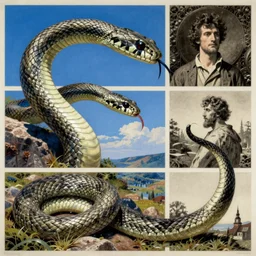 improvisational by dante gabriel rossetti, by yasushi nirasawa sky blue, decopunk. a beautiful collage of a snake eating its own tail that seems to go on forever.