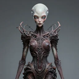 portrait of a future alien, perfect symmetrical pose, beautiful eyes, perfect face, sharp, by irakli nadar with intricate detailed wearing scary dress, by leesha hannigan, iris van herpen, artstation, cgsociety, wlop, epic, wow factor, much detail, gorgeous, detailed, masterpiece