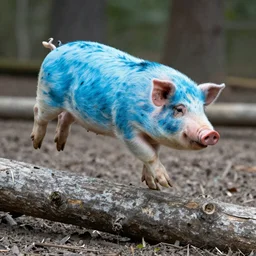 a blue pig jumping over a log