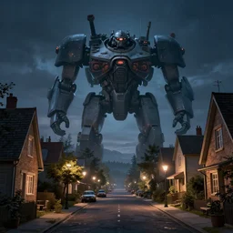 a quaint suburban street at night colossal maschinen krieger looms in the distance, realistic rendering, unreal engine, 4k, hdr, high dynamic range, f12, by simon stalenhag