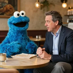 lebanese Kevin O'leary talking with cookie monster, in a café