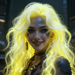 highly detailed closeup portrait of wasteland wavy glowing yellow and white plasma hair cute happy tribal lady, stray electric spark wiring by jean jullien, 4 k resolution, gradient yellow, black and white color scheme!!! ( ( dystopian city background ) )