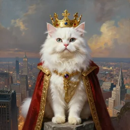 a fantasy portrait painting of an anthropomorphic white persian!! cat dressed, as a renaissance king with crown! in head, standing on a skyscraper overlooking a vast city, centered, cinematic, beautiful lighting, dramatic