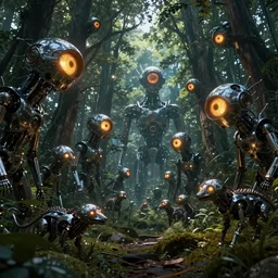 Cybernetic forest full of glowing eyes and metal animals. Hyper realistic high detail