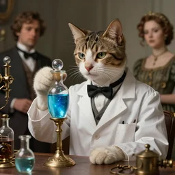 an aristocratic cat dressed as a scientist intrigued by a refined little transparent little bottle filled with magic blue iridescent liquid, art highly detailed, by frank frazetta, keith parkinson and greg rutkowski and aleksandra skiba, concept art, steampunk