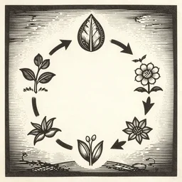 japanese woodcut of a natural cycle from seed to bloom