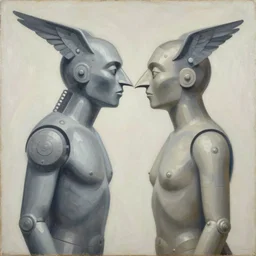Oil painting by Rufino Tamayo. Mechanical gods with bird faces kissing. Oil painting by Lisa Yuskavage.