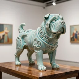 beautiful gallery show studio photograph of a giant realistic biomechanical ceramic sculpture of a shar pei dog, fractal 3 d structure, celadon glaze, placed on a polished wooden table, colorful hyperrealism 8 k trending on artstation