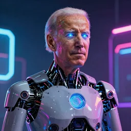 Joe Biden, robotic, cyberpunk, cyborg, neon lights, glowing eyes