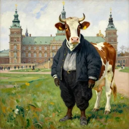painting carl larsson, cow, dressed, anthropomorphic!!, wearing!!! clothes!!!, standing next to royal castle!!!