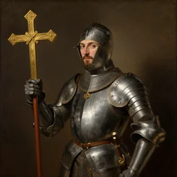 portrait painting of a medieval knight  holding a golden cross  by George Stubbs, renaissance painting, oil painting, old master