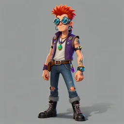 a 80s punk guy wearing goggles and eccentric jewelry by jamie hewlett :: full body character concept art, character concept art, color