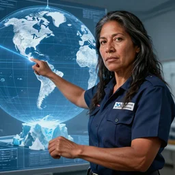 epic portrait of slightly muscular indigenous visionary sheila watt cloutier wearing short sleeved instructor uniform laser pointing on globe blueprint, iceberg, detailed, artstation, concept art, donato giancola, joseph christian leyendecker, wlop, boris vallejo, breathtaking, 8 k resolution, extremely detailed beautiful, establishing shot, artistic hyperrealistic, beautiful face, enhanced hands, octane render