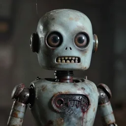 a creepy unsettling robot created in 1950. scary teeth, wide eyes with small pupils, uncanny valley