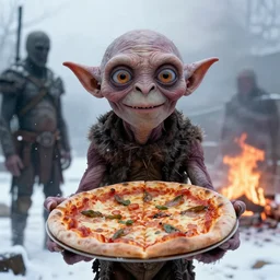 gollum smeagol grotesque holding a pizza up to the camera, snowy environment, fire in the background, ultra detailed, ultra realistic, by beksinski, alejandro jodorowsky, giger, greg rutkowski, carne griffith trending on artstation, deviantart, photorealism