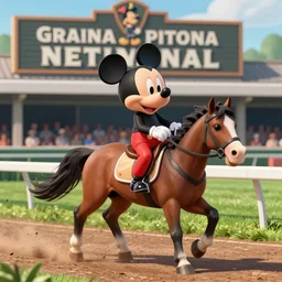 establishing shot of Mickey mouse riding a horse in the grand national, hd