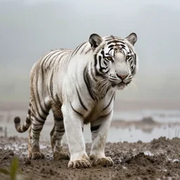 a mud covered muddy fur white muddy tiger in a foggy mud swamp at sunset, documentary photography, nikon 7 0 mm lens, award wining