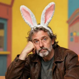 bored middle - aged man with rabbit ears, digital art by eugene de blaas and ross tran, vibrant color scheme, highly detailed, in the style of romanticism, cinematic, artstation, greg rutkowski
