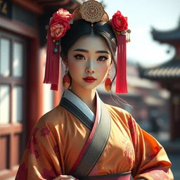 wide angle full body portrait shot of a beautiful korean princess wearing flowing colourful clothes, highly detailed face, detailed eyes, alphonse mucha, rhads, ross tran, artstation, artgerm, octane render, 1 6 k