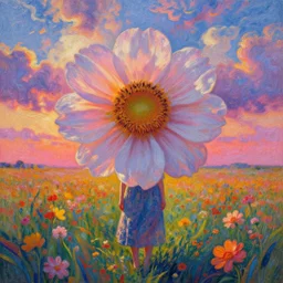 large flower face, girl standing in a flower field, surreal photography, sunrise dramatic light, impressionist painting, colorful clouds, digital painting, pointillism, artstation, simon stalenhag