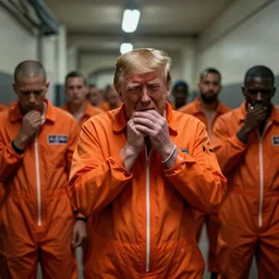 guantanamo bay prison prisoners in orange jump suit crying. one of them is!! donald trump!!, photograph, realistic, dramatic lighting