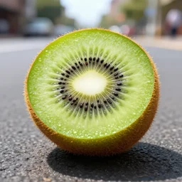 huge kiwi fruit cut in half in the middle of the street, photographed