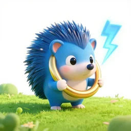( ( ( ( a cute blue hedgehog with gold big ring and blue lightning in beautiful green hill. ) ) ) ), gold ring!, blue fur, clear sky, extremely detailed, fantasy painting, by jean - baptiste monge!!!!