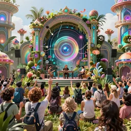 an ecstatic crowd at a solarpunk festival listening a wired up cybernetic artifical intelligent synthesizer on a overgrown center stage playing music in the year 3 0 0 0, blissful, unreal, 4 k, hyperrealistic, refraction, 3 d, octane, architecture, by victor henrich, art nouveau, ultrawide, bloom filter, lush, harmony, solarpunk
