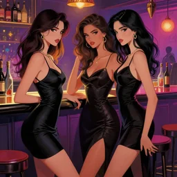 sensual beautiful delhi girls wearing western little black dresses at a bar, epic scene, by victo ngai, kilian eng vibrant colours, dynamic lighting, digital art, winning award masterpiece, fantastically beautiful, illustration, aesthetically inspired by beksinski and dan mumford, trending on artstation, art by greg rutkowski, 8 k