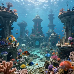 an underwater utopia built on the back of a long lost ruined civilization that is filled with anthropomorphic fish citizens, lisa frank, bubbles, coral, fish, atmospheric, aesthetic, paradise, high resolution