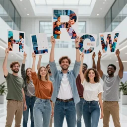 group portraits, groups of diverse happy humans hands in the air holding large beautiful images, letters floating, highly detailed, super realistic, futuristic hall, perfect lighting pixel sorting