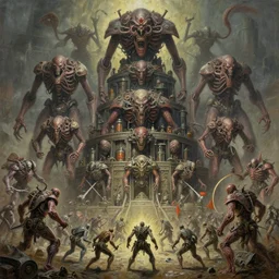 oil paint of 1 1 machines as flayed evil gods in tiers, colossal medical gangrene machines in tiers, dethroning / we machines / melee, battle pit, by shigeru komatsuzaki, wayne d barlowe, stefano tamburini, ember light, muted colors, epic, hyper detailed, awe inspiring, award winning horror, narrative lighting, hyper realism, cinematic