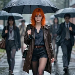 a stylish orange haired woman walks in the rain with an umbrella environment | | fine detail!! anime!! realistic shaded lighting!! by ilya kuvshinov katsuhiro otomo ghost - in - the - shell, magali villeneuve, artgerm, jeremy lipkin and michael garmash and rob rey