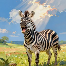 a happy, laughing zebra. art by archibald thorburn. colorful, bright, detailed.