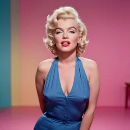 Marilyn Monroe posing in a colourful studio, macro, vibrant, 30mm photography, wide shot, dramatic lighting, octane render, hyperrealistic, high quality, highly detailed, artstation, HD, beautiful, cinematic, 8k, unreal engine, facial accuracy, symmetrical