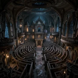 full - color photo of the interior of a spooky old mansion at night. the interior architecture and layout are illogical, surreal, bizarre, complicated, and labyrinthine. there is a faintly - visible victorian ghost lurking.