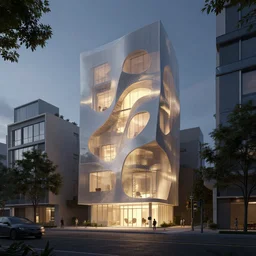 A beautiful architectural rendering of a trypophobia house with a mysterious glow emitting from inside in a modern city street, by octane render and corona render