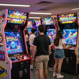 A busy arcade, by Kung Fury, by Ready Player One, by Back To The Future, XF IQ4, 150MP, 50mm, F1.4, ISO 200, 1/160s, natural light