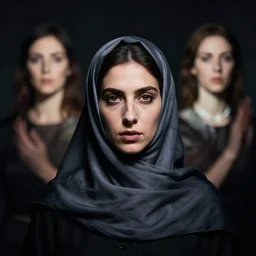 a portrait of a woman wearing a hajib by peter mohrbacher and jenny saville and roberto ferri, dramatic, dynamic lighting, sharp focus, motion, symmetrical features