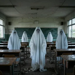 photograph of the interior of an abandoned school, ghost, scary, spooky ghost, ghosts