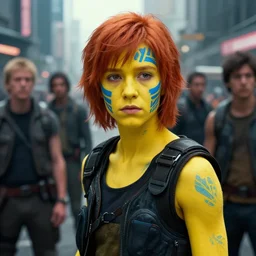 red - haired teenager with yellow skin, blue tribal face markings, gang in background, bladerunner 2 0 4 9, city, cinematic, film still