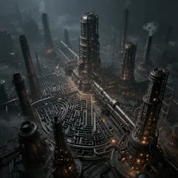 futuristic dystopian endless, intricate, complex, labyrinthine, byzantine, tangled, industrial megafactory complex, smokestacks, pipelines and ducts and vents, science fiction landscape painting, steampunk, haze, night, gloomy, dark, dramatic, cinematic, volumetric lighting, gods eye view