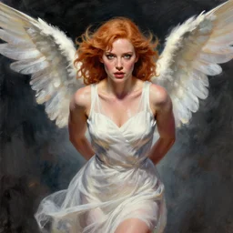 Angel, perfectly-centered-painting of young Christina Hendricks in Mad Men looking at the camera, hands behind her back, sweaty, dynamic action pose, insane, intricate, highly detailed, digital painting, artstation, concept art, smooth, sharp focus, illustration, Unreal Engine 5, 8K, art by artgerm and greg rutkowski and alphonse mucha