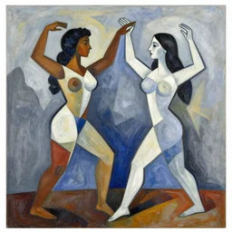 black woman white woman multiracial woman dancing together on the mountaintop, abstract art in the style of cubism and georgia o keefe