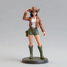 80mm resin detailed miniature of a cow girl, Short brown leather jacket, white shirts, hot-pants, ten-gallon hat, over-knee boots, olive thigh skin, Standing with legs open on textured disc base; Miniature product Introduction Photos, Company Logo, 4K, Full body; Front view
