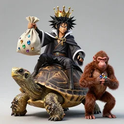 wojak overlord with crown riding a turtle with ape next to it holding bag of gems intricate, realistic, photography