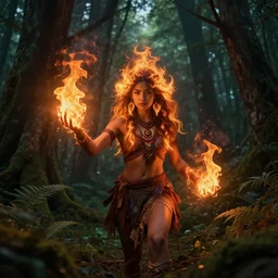 magical astonishing dark forest is protected by an indigenous girl, her hair glows on fire as she protects the forest with her fire powers. trending on artstation, splash art hyper-detailed, 4K