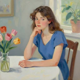 a painting of a woman sitting at a table, a digital painting by isaac soyer, pixiv contest winner, american scene painting, digital illustration, digital painting, fauvism