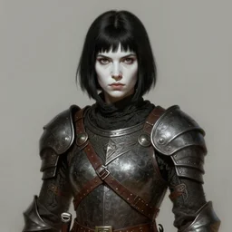 medium - length portrait of a a female mercenary with short and straight black hair, white skin, brown eyes, stern expression, intricate leather armor, medieval setting, highly detailed, digital painting, artstation, concept art, sharp focus, illustration, art by greg rutkowski and alphonse mucha