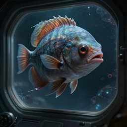 masterpiece concept art, a beautiful highly detailed sci - fi fish alien with in a spaceship among outer space by a window, extremly emotional, cinematic moody colors, realistic shaded lighting poster by ilya kuvshinov, magali villeneuve, artgerm, jeremy lipkin and michael garmash and rob rey, 8 k, intricate detail, cinematic lighting,
